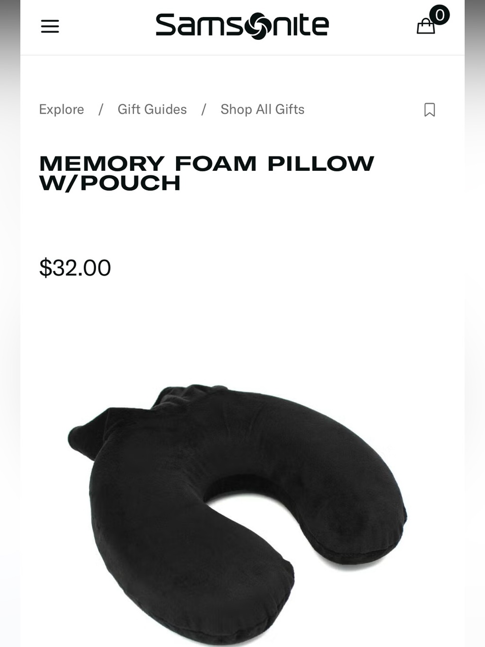 Set of 2 Samsonite Black Memory Foam Travel Pillows with Pouch